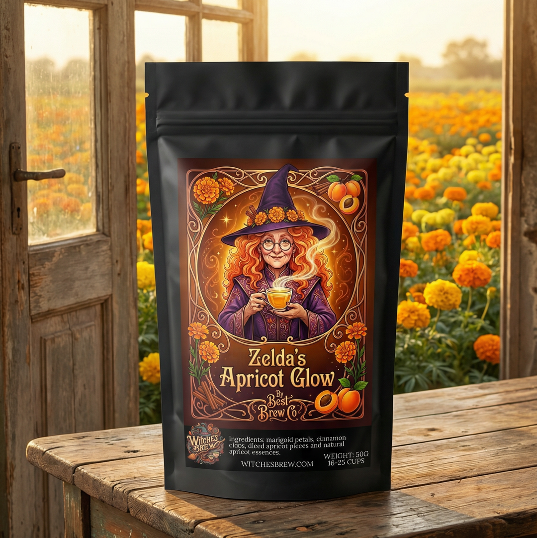 Zelda's Apricot Glow tea package on a wooden table with a window view of a marigold field.