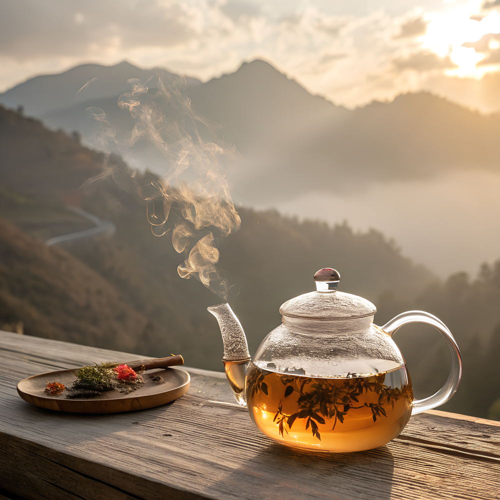 Steaming teapot with mountainous landscape in the background