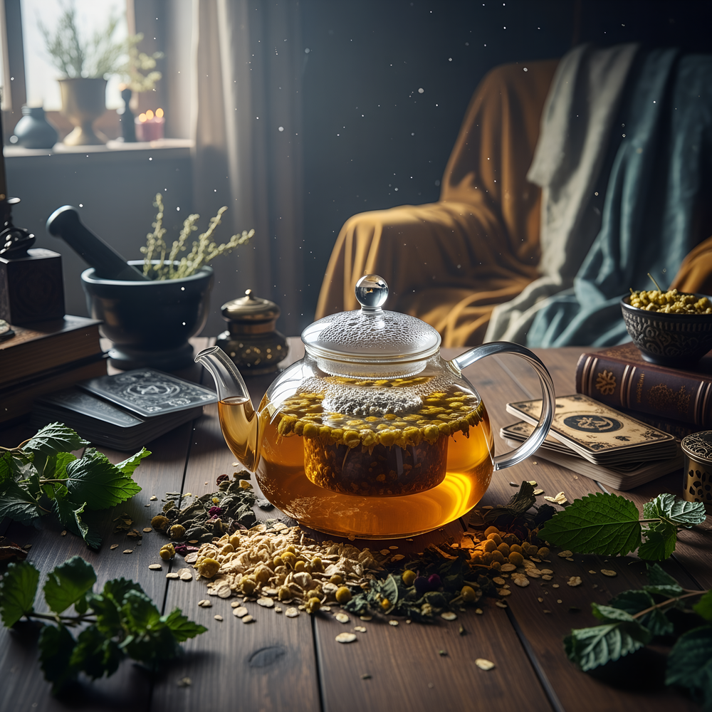 Glass teapot with tea on a wooden table surrounded by herbs and books