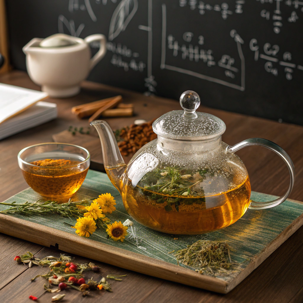 Glass teapot with tea and a small glass of tea on a wooden tray with a blackboard in the background.