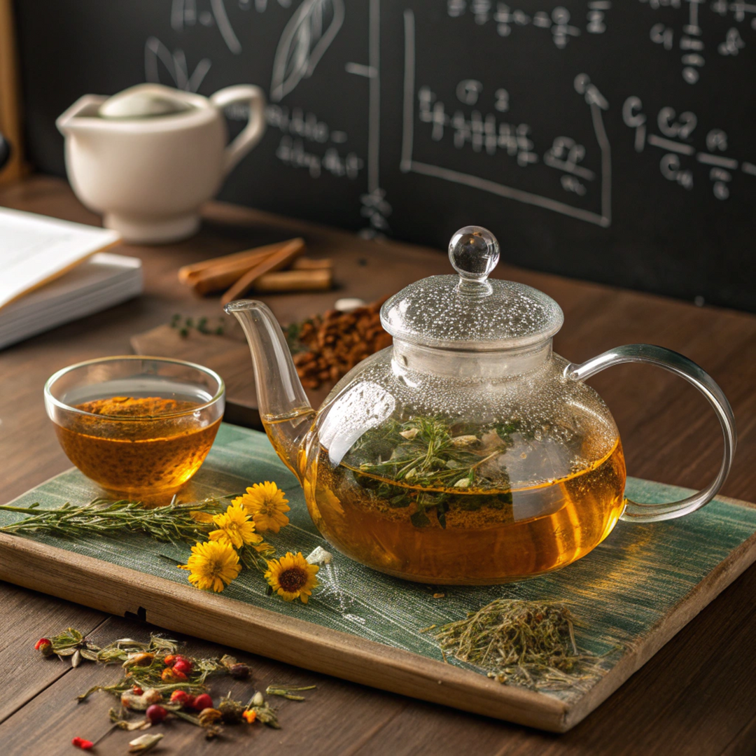 Glass teapot with tea and a small glass of tea on a wooden tray with a blackboard in the background.