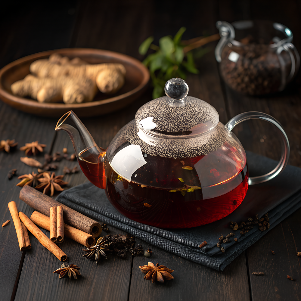 Glass teapot with red liquid on a wooden table with spices and a plant in the background