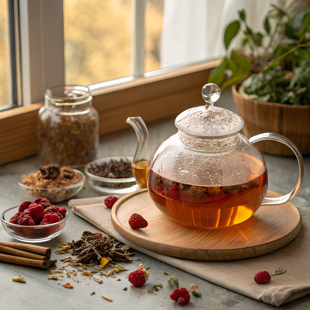 Clear teapot with pink tea and berries on a table with lemon and cinnamon sticks.