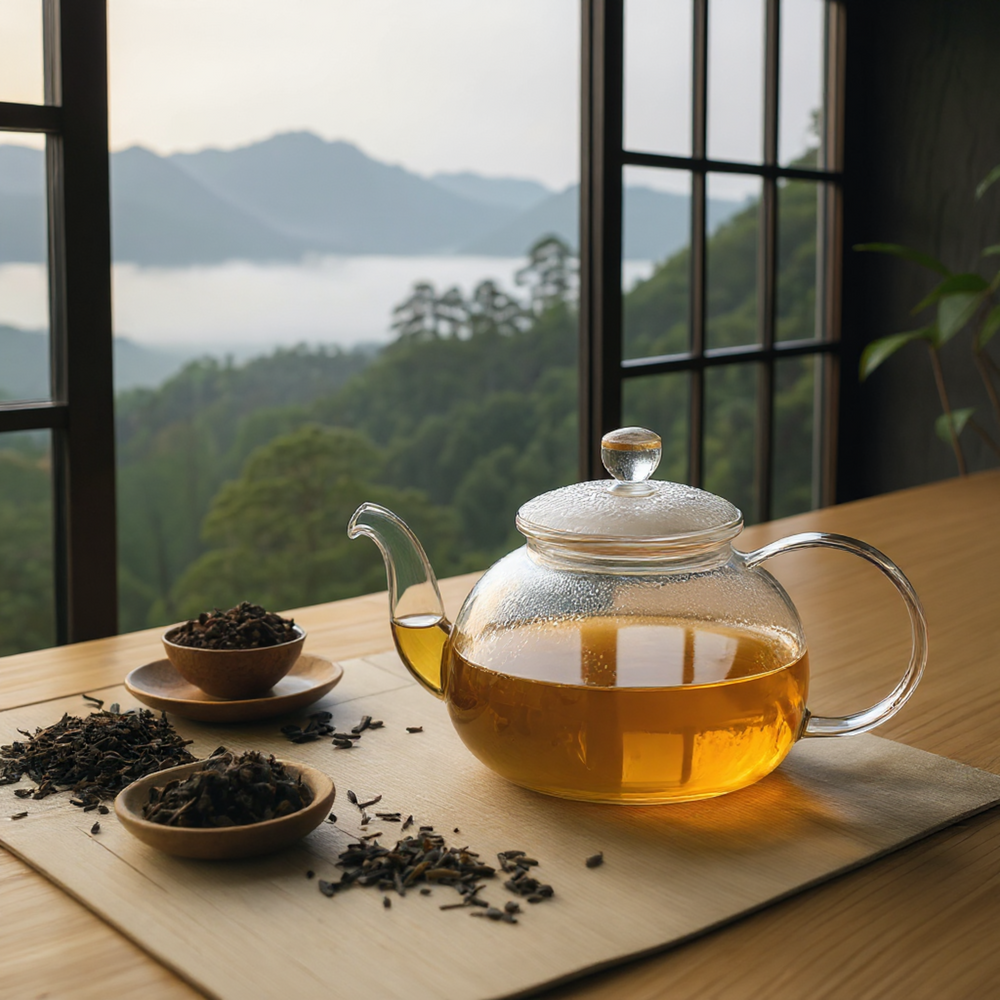 Glass teapot with tea and tea leaves on a wooden table with a scenic view in the background