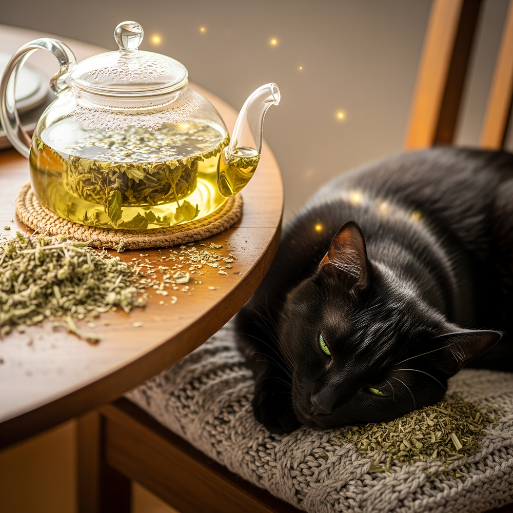 Black cat lying on a cushion next to a glass teapot with tea leaves on a wooden table.