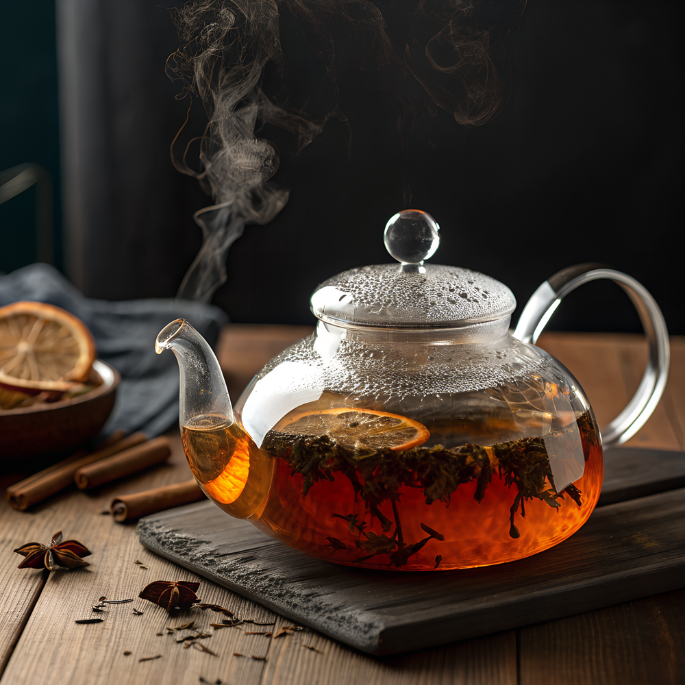 Steaming glass teapot with orange slices on a wooden table