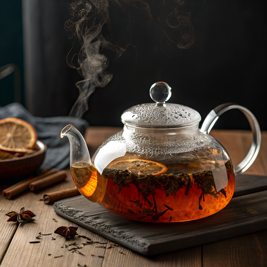 Steaming glass teapot with orange slices on a wooden table