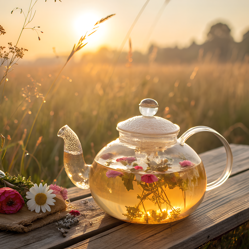 Glass teapot with floral tea on a wooden table in a field at sunset