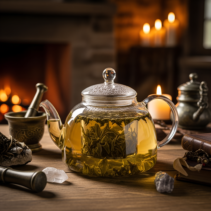 Clear glass teapot with tea leaves on a wooden table with candles and decorative items.