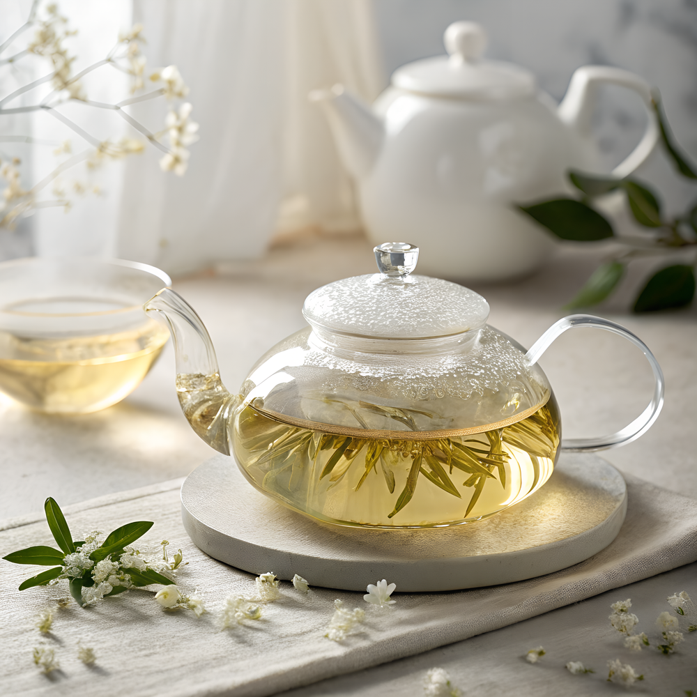 Clear teapot with green tea leaves on a wooden coaster, with a white teapot in the background.