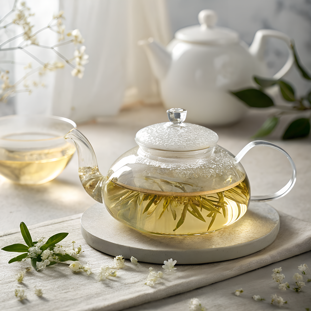 Clear teapot with green tea leaves on a wooden coaster, with a white teapot in the background.