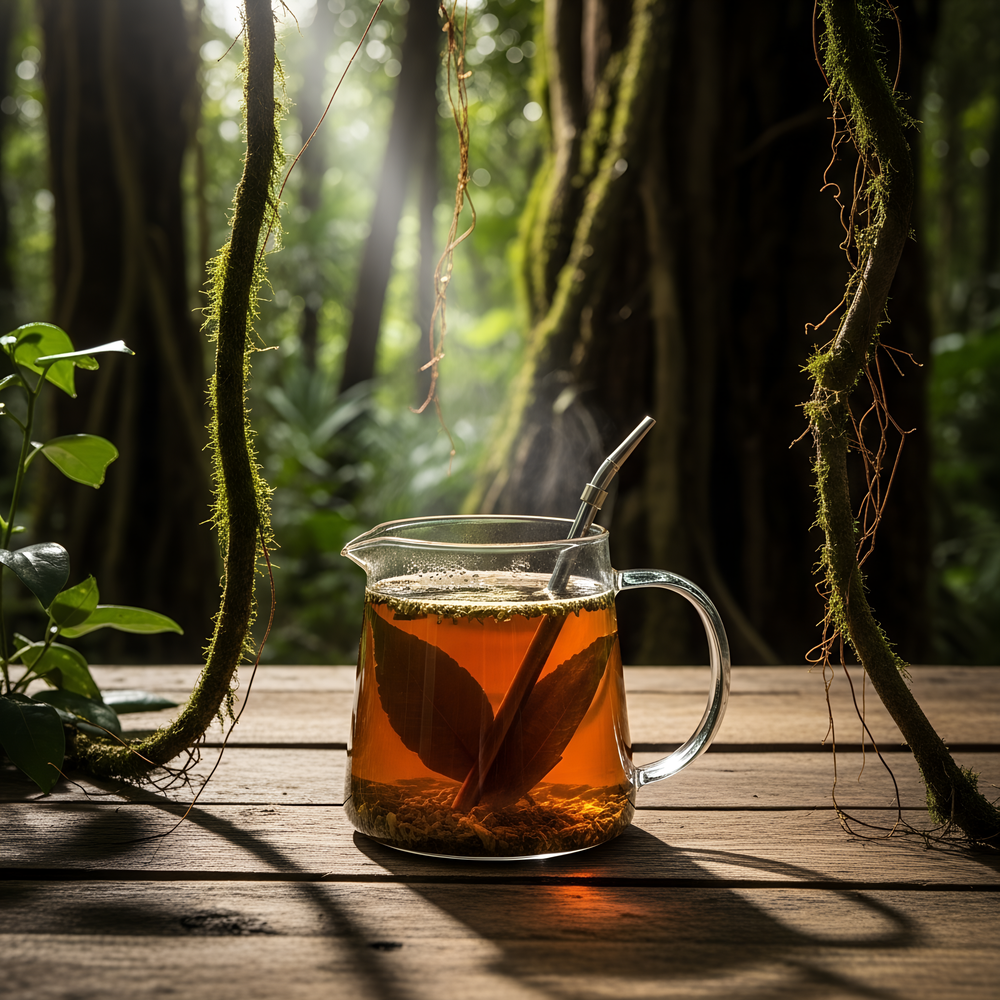 Glass teapot with tea on a wooden table in a forest setting