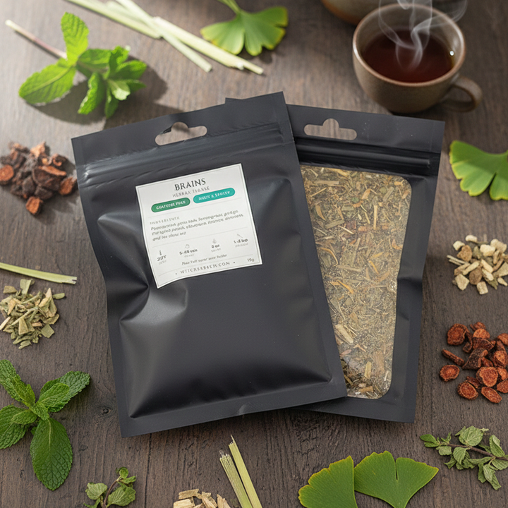 Tea packaging with herbs and a cup of tea on a wooden surface