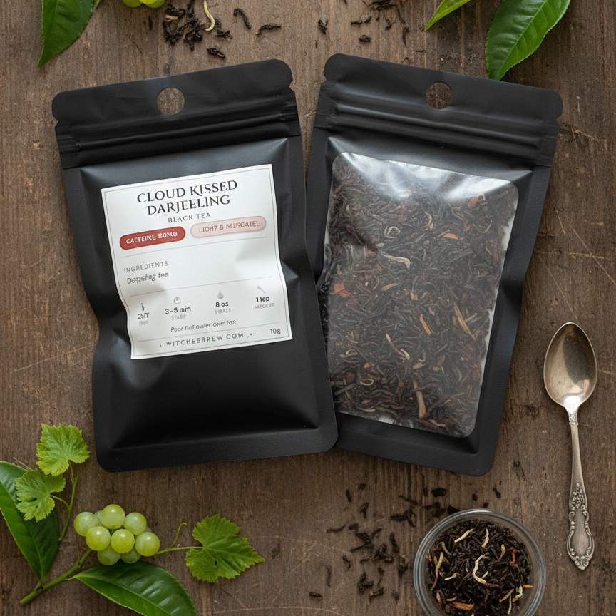 Black tea package labeled 'Cloud Kissed Darjeeling' on a wooden surface with tea leaves and a spoon.
