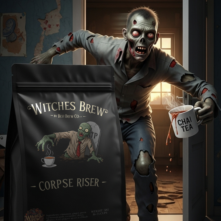 Zombie character holding a bag of 'Witches Brew Corpse Riser' tea in a dimly lit room.