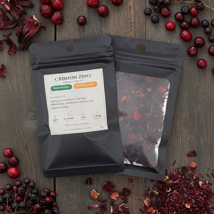 Tea package labeled 'Crimson Zing!' surrounded by dried berries on a wooden surface