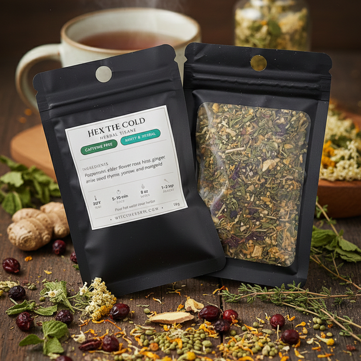 Hex the Cold herbal tea packaging with dried herbs on a wooden surface