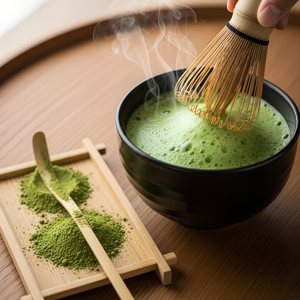 Steaming bowl of matcha green tea with a whisk and matcha powder on a wooden surface