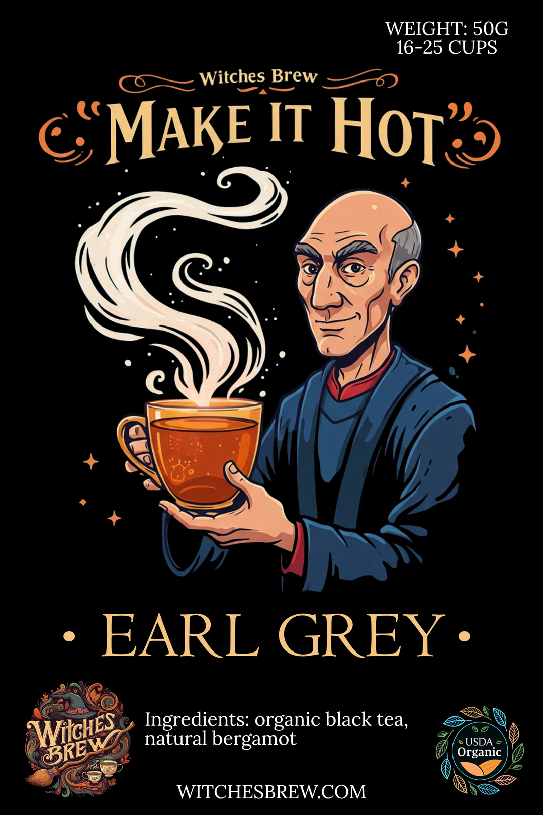 Make it hot logo a man wis steaming cup of tea