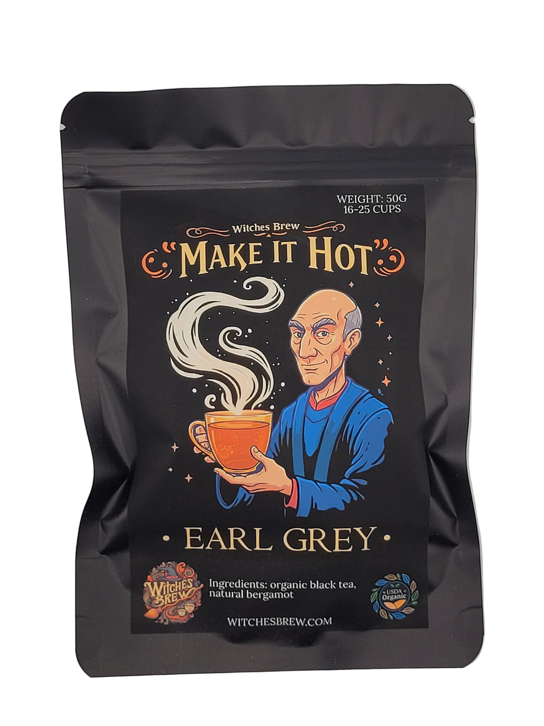 Make it hot Black tea package with branding and graphics on a gray background