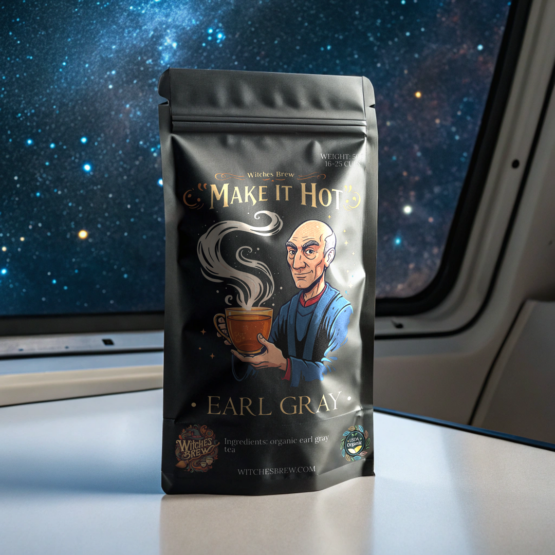 Tea package labeled 'Make It Hot' with a space-themed window in the background