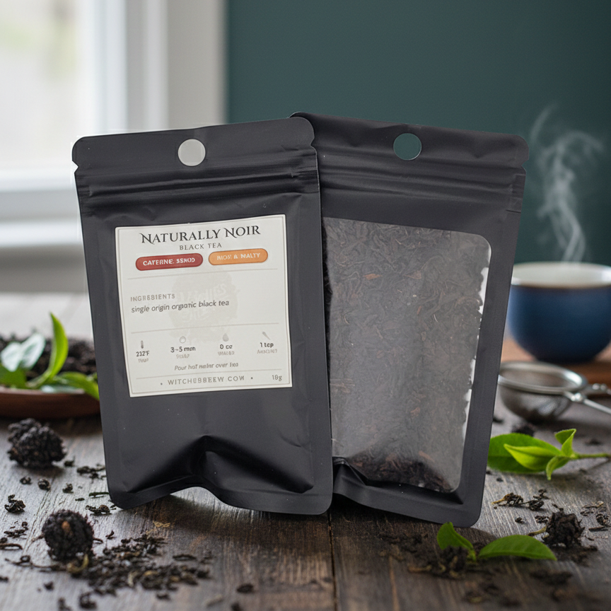 Two black tea packages from Naturally Noir on a wooden surface with tea leaves and a cup in the background.