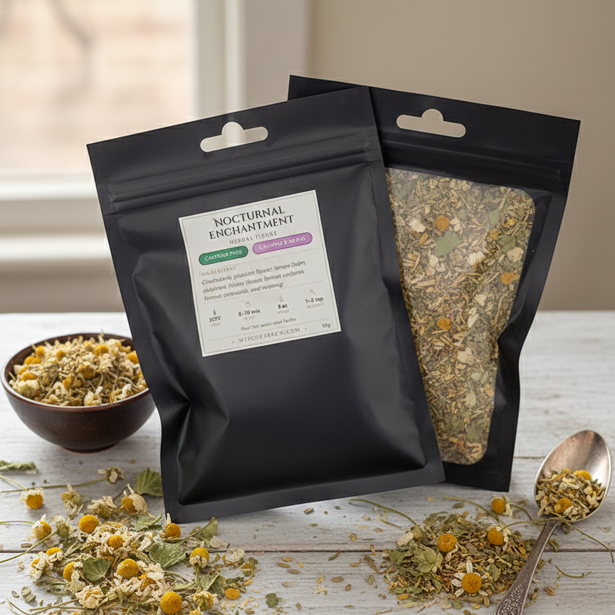 Nocturnal Enchantment tea samples on a grey wooden table