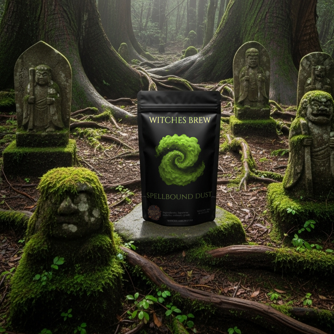 Witches Brew package in a mystical forest setting with stone statues and greenery.