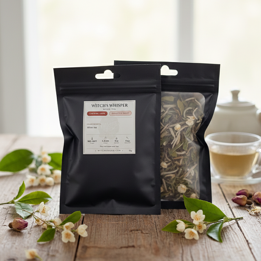 Two black tea bags labeled 'Witch's Whisper' on a wooden surface with flowers and a cup of tea.
