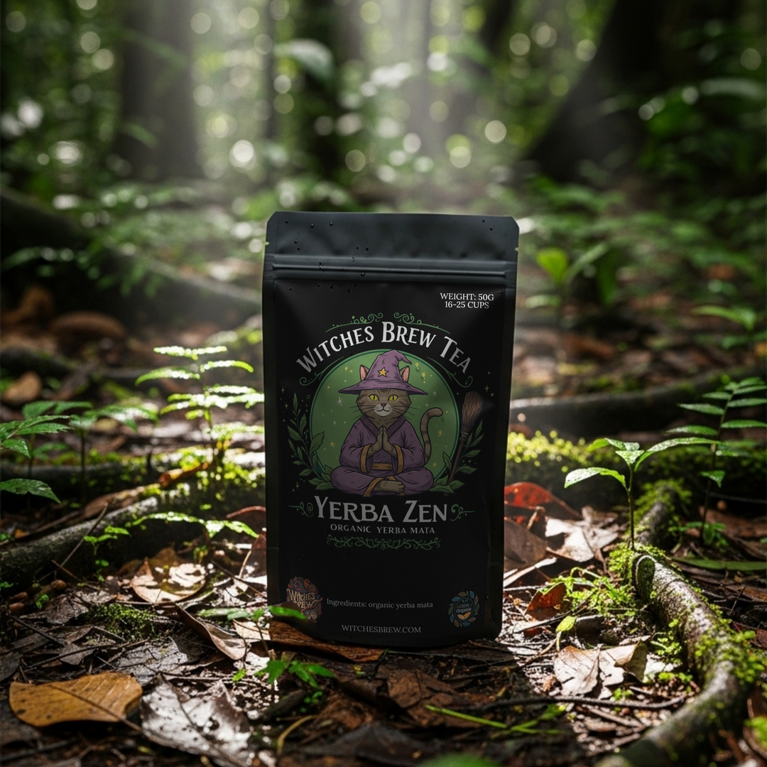 Tea package labeled 'Verba Zen' in a forest setting
